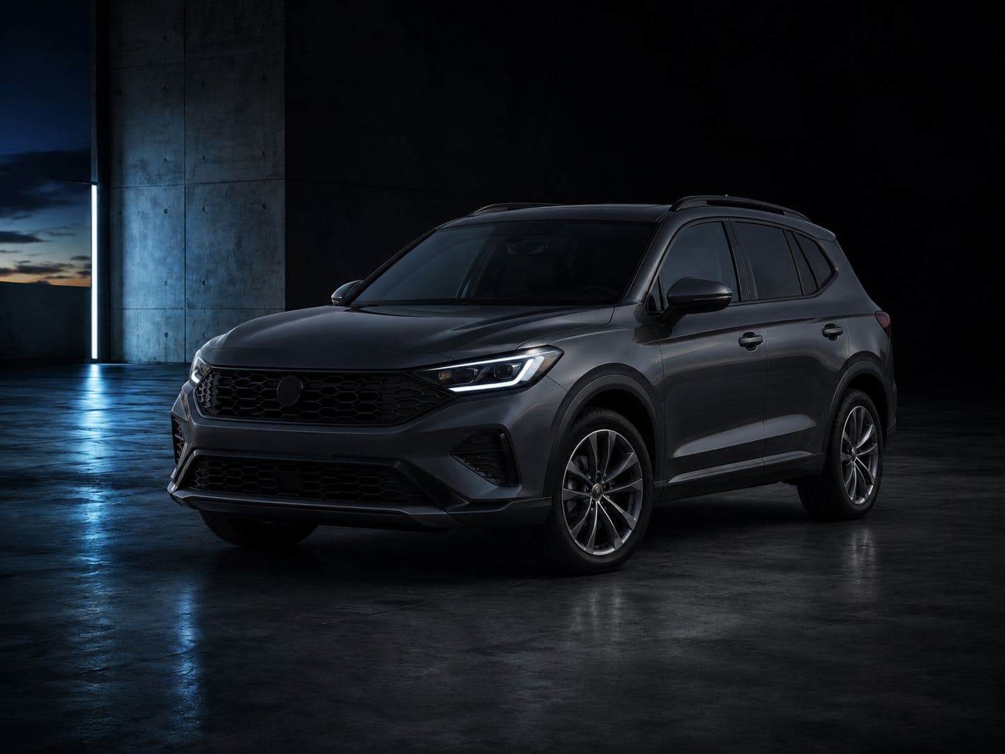 SUV grafite em galpão de concreto com luz azul lateral